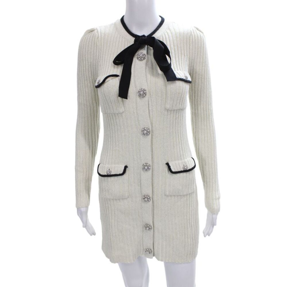 Self Portrait Unisex Beige Striped Mock Neck Long Sleeve Cardigan Size S